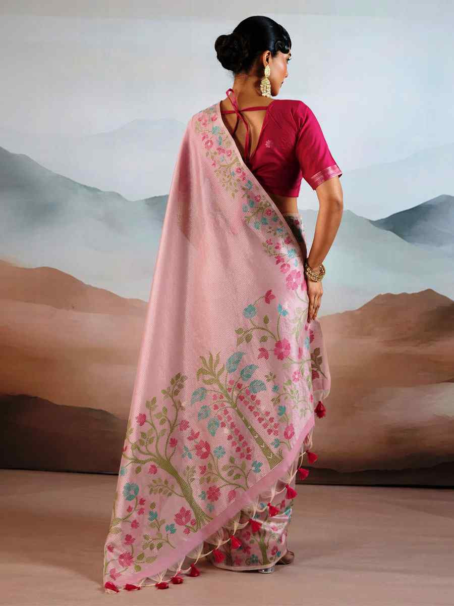 Pink Tissue Silk Handwoven Traditional Casual Reception Festival Wedding Fancy Heavy Border Saree