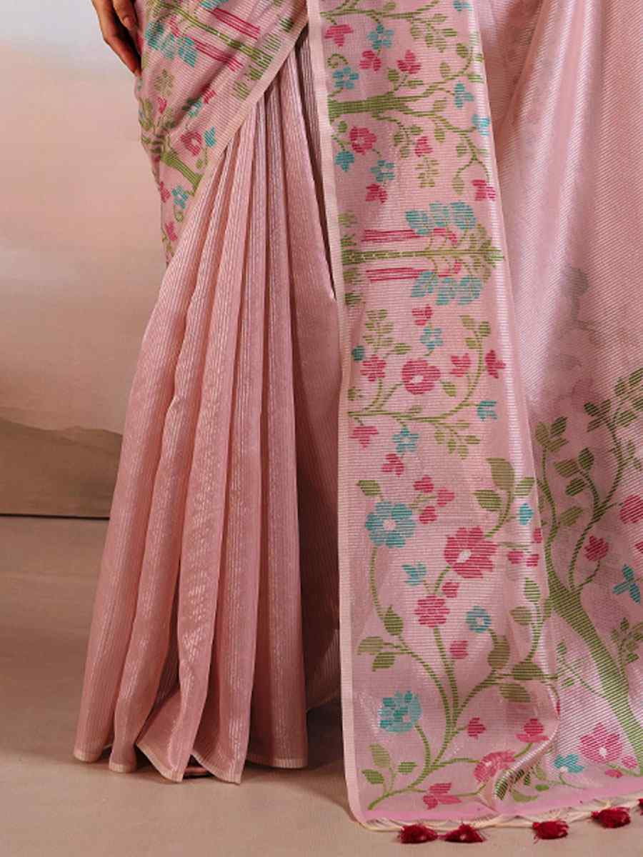 Pink Tissue Silk Handwoven Traditional Casual Reception Festival Wedding Fancy Heavy Border Saree