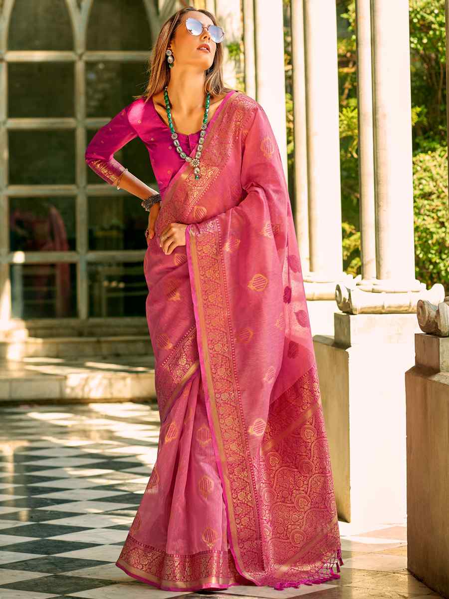 Pink Tissue Silk Handwoven Wedding Festival Heavy Border Saree
