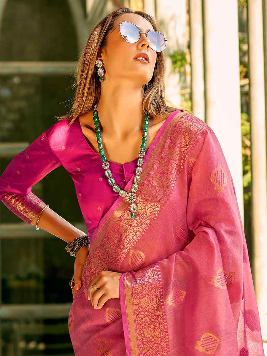 Pink Tissue Silk Handwoven Wedding Festival Heavy Border Saree