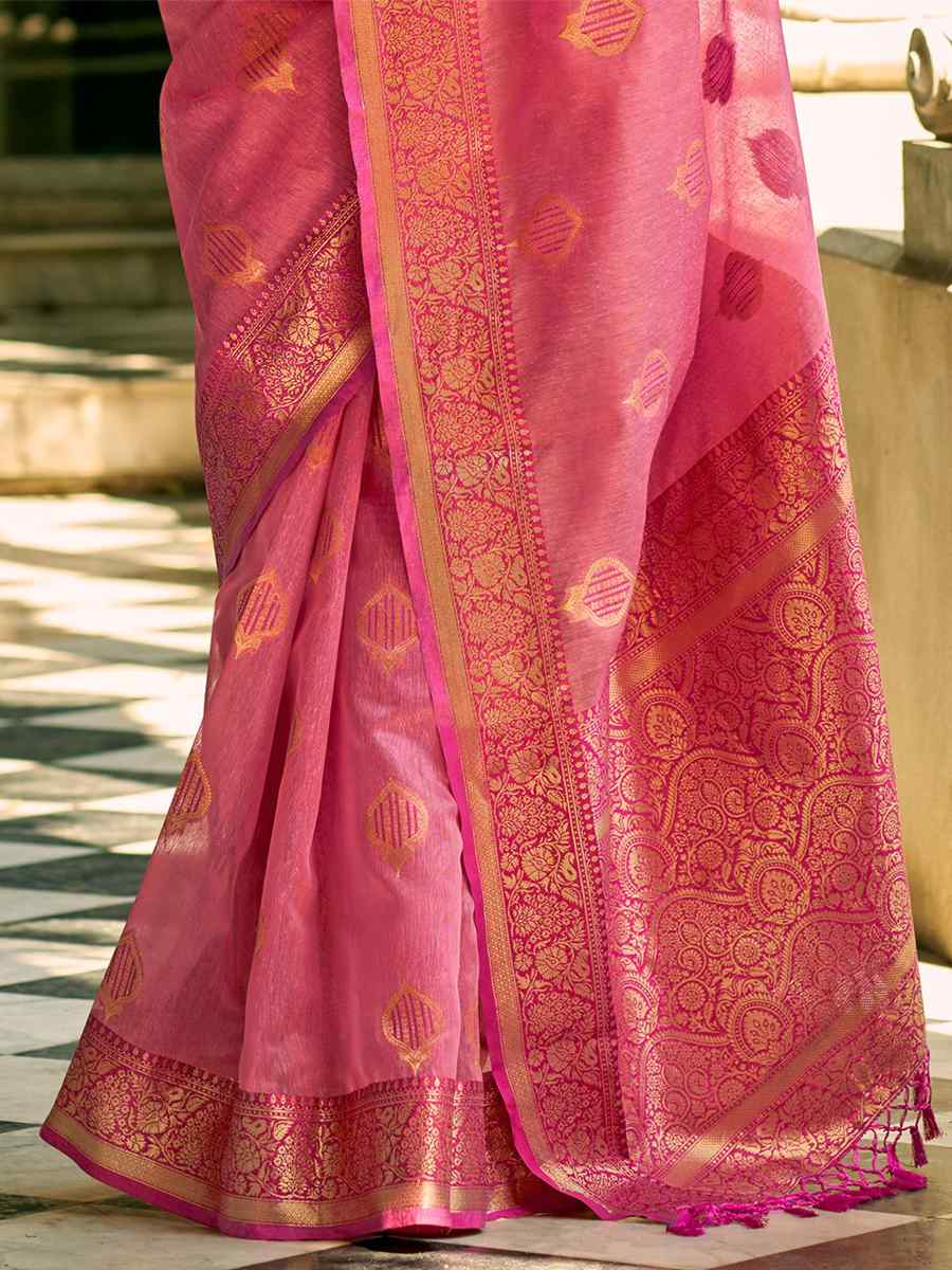 Pink Tissue Silk Handwoven Wedding Festival Heavy Border Saree