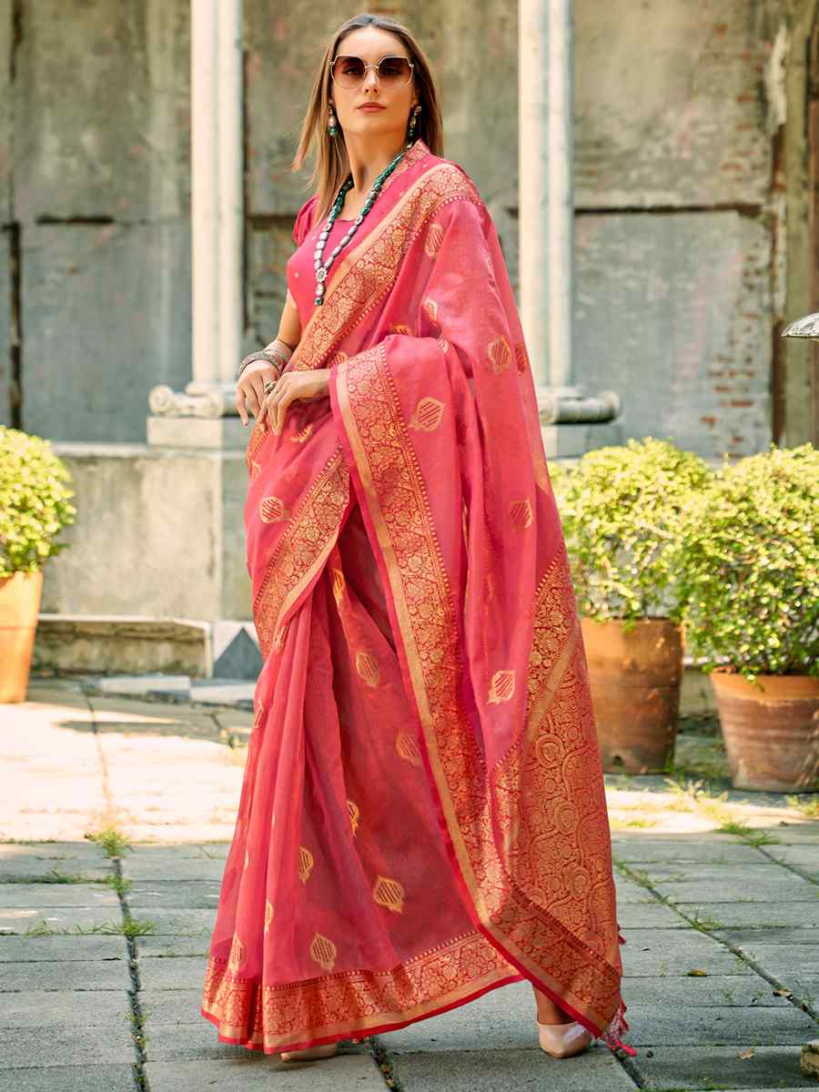 Pink Tissue Silk Handwoven Wedding Festival Heavy Border Saree