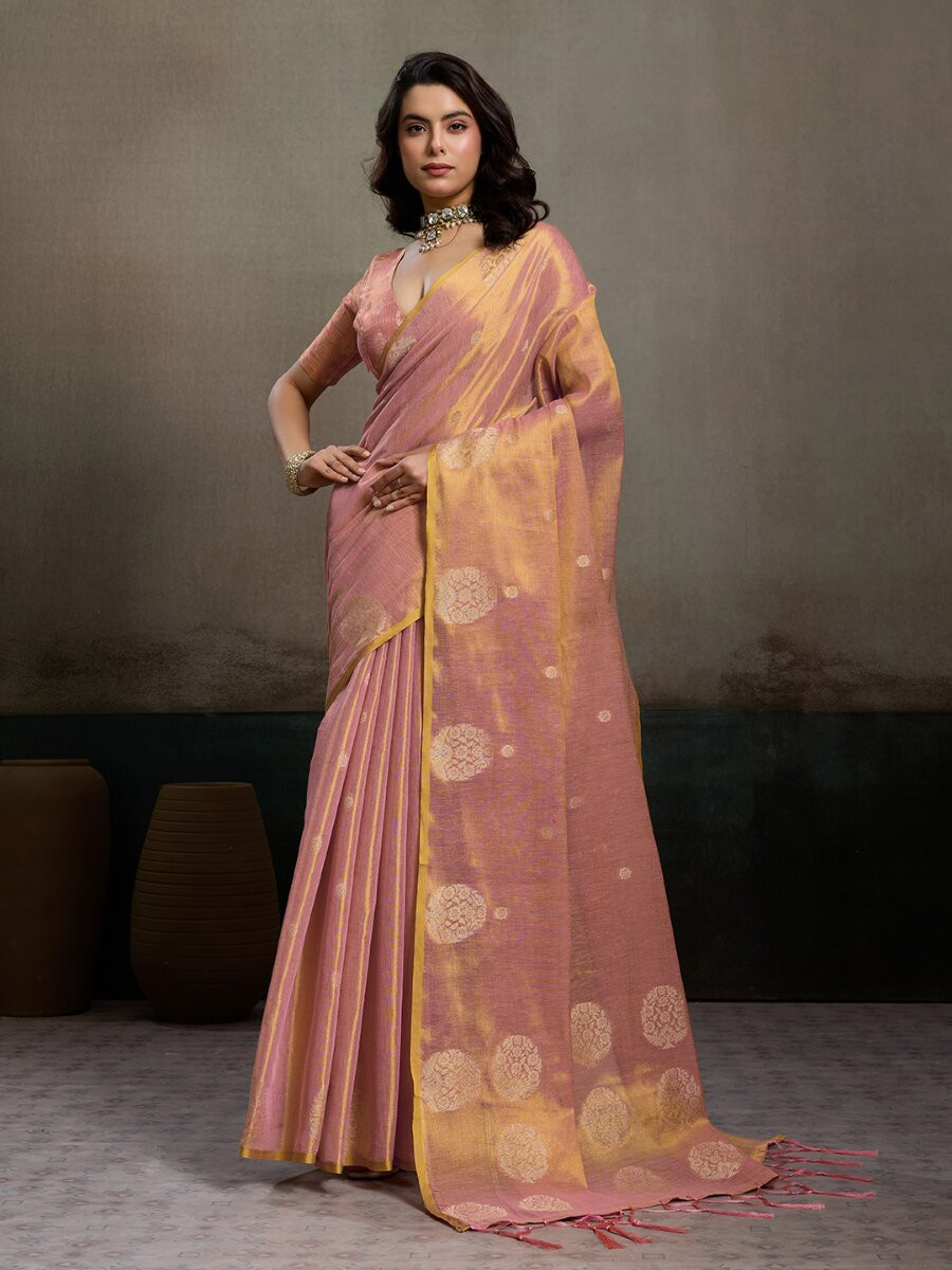 Pink Tissue Silk Handwoven Wedding Reception Party Casual Heavy Border Sarees