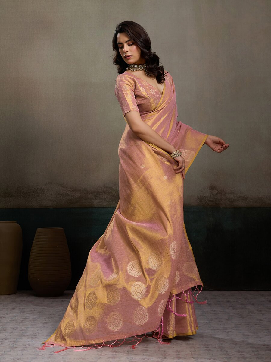 Pink Tissue Silk Handwoven Wedding Reception Party Casual Heavy Border Sarees
