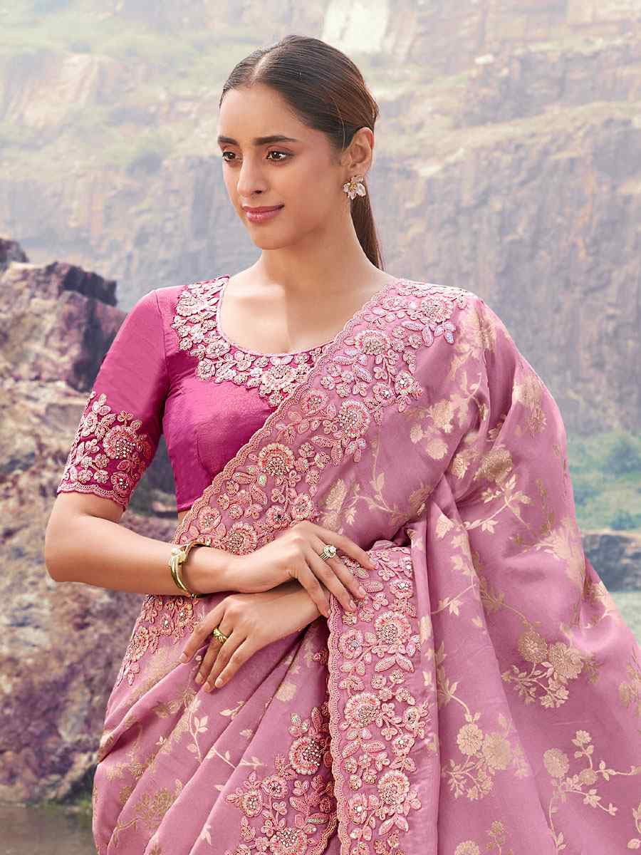 Pink Tissue Silk With Jacquard Embroidery Bridal Reception Festival Wedding Fancy Heavy Border Saree