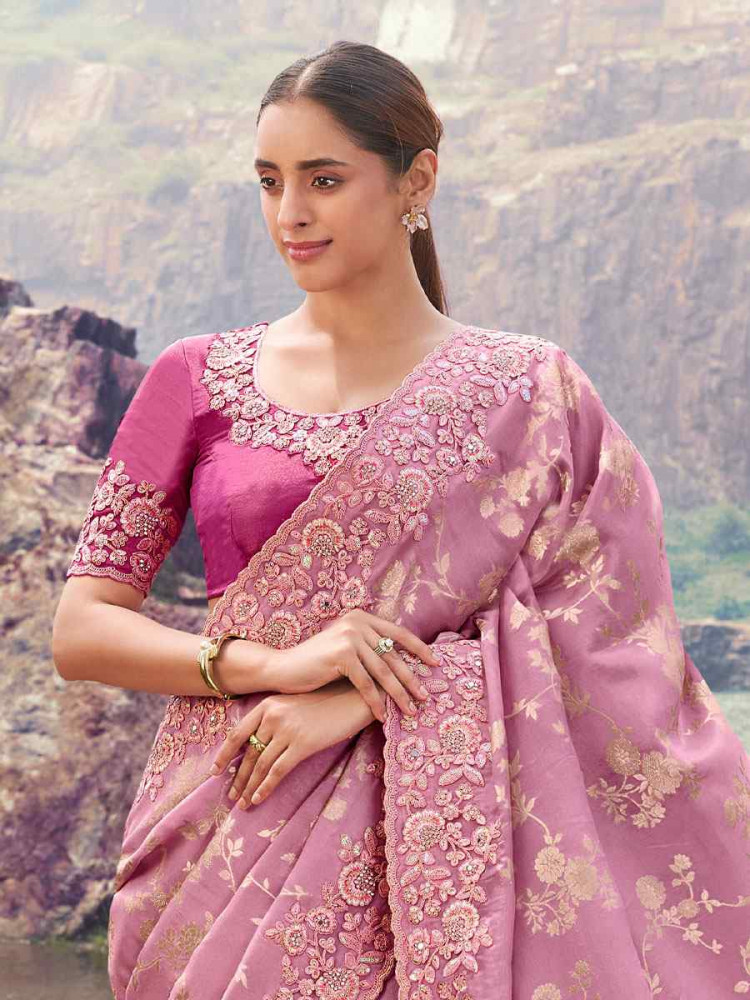 Image of Pink Tissue Silk With Jacquard Embroidery Bridal Reception Festival Wedding Fancy Heavy Border Saree