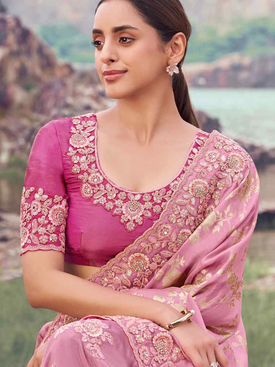 Pink Tissue Silk With Jacquard Embroidery Bridal Reception Festival Wedding Fancy Heavy Border Saree