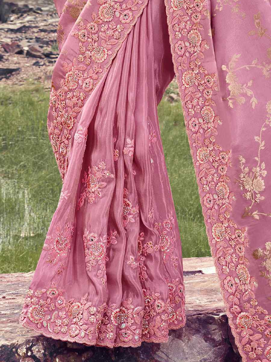 Pink Tissue Silk With Jacquard Embroidery Bridal Reception Festival Wedding Fancy Heavy Border Saree