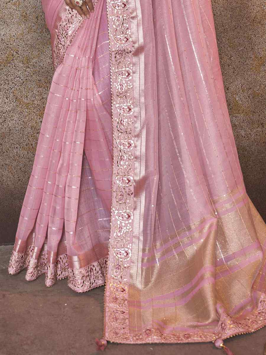Pink Top Dyed Silk Embroidered Wedding Festival Heavy Border Saree