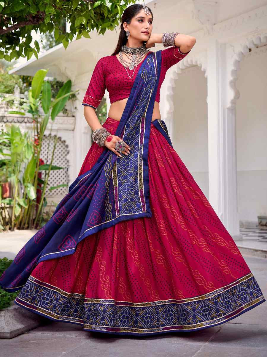 Pink Tussar Silk Bhandej Printed Handwoven Festival Wedding Party Reception Heavy Border Lehenga Choli