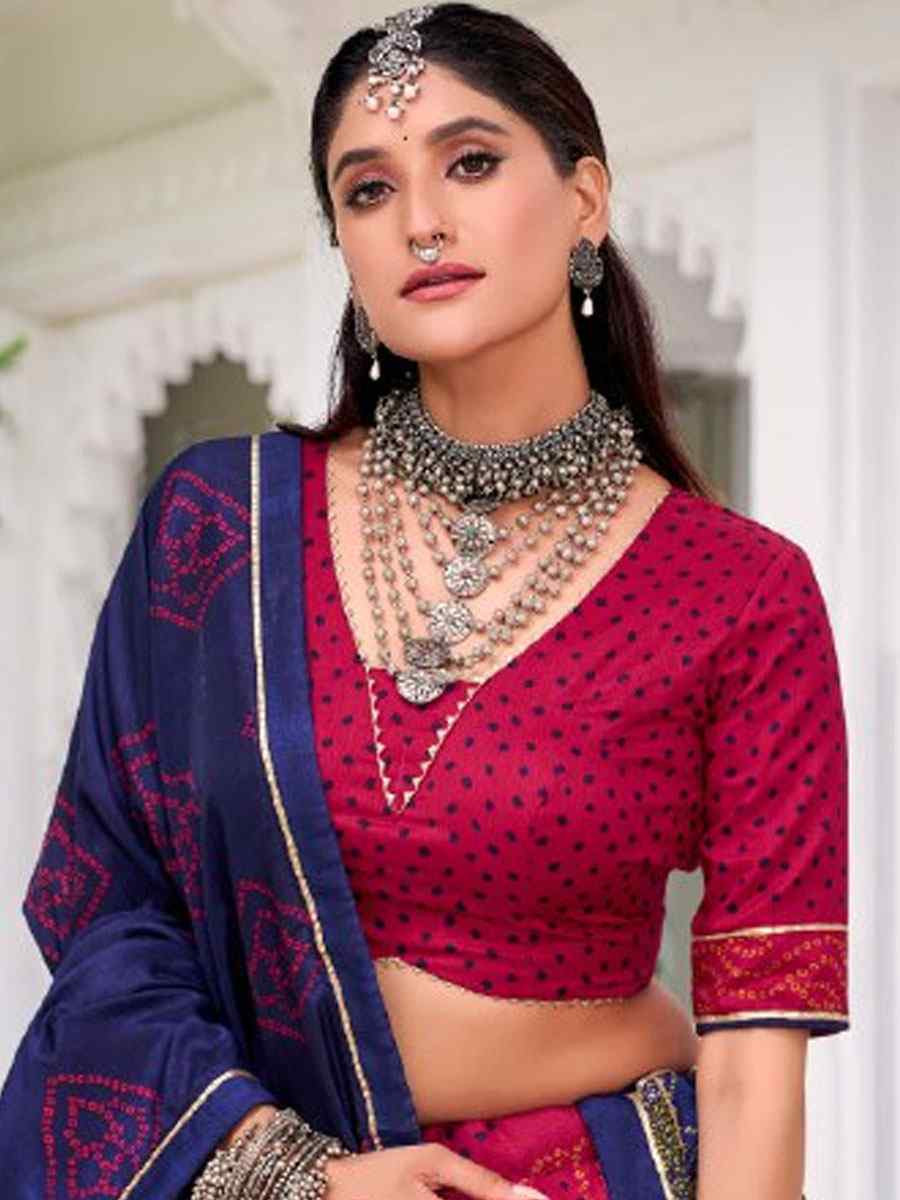 Pink Tussar Silk Bhandej Printed Handwoven Festival Wedding Party Reception Heavy Border Lehenga Choli