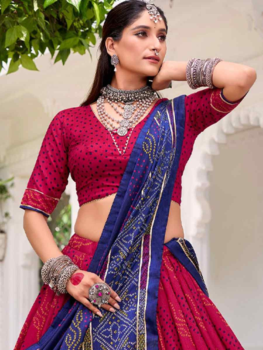 Pink Tussar Silk Bhandej Printed Handwoven Festival Wedding Party Reception Heavy Border Lehenga Choli