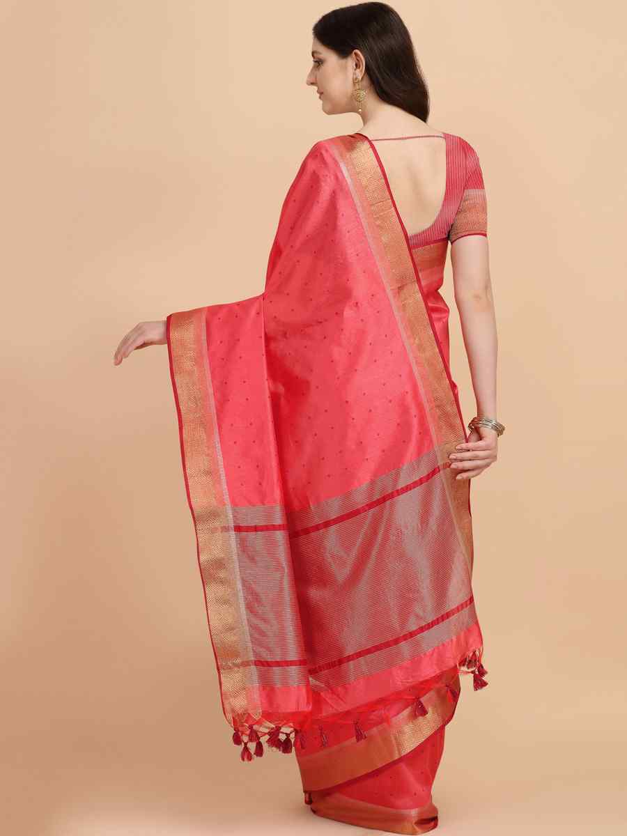 Pink Tussar Silk Handwoven Wedding Festival Heavy Border Saree