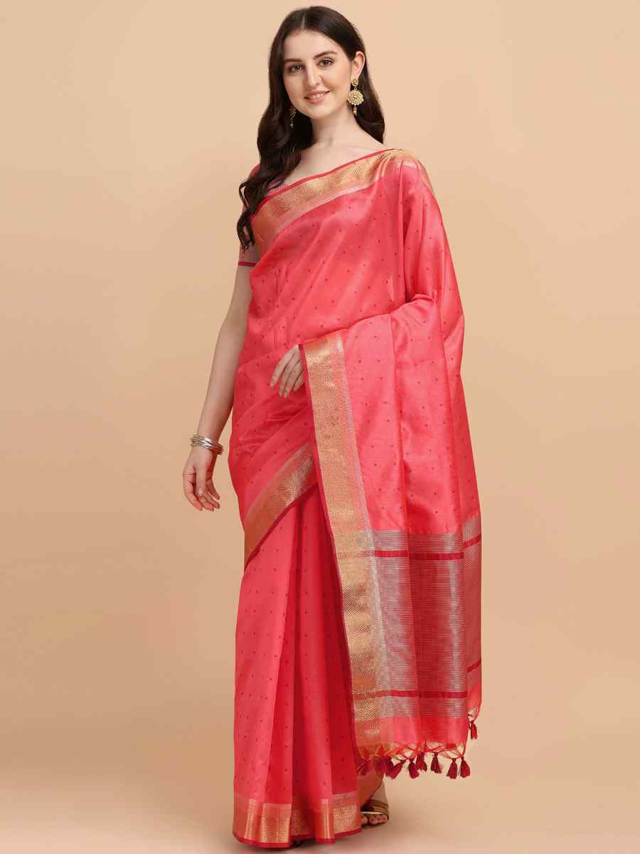 Pink Tussar Silk Handwoven Wedding Festival Heavy Border Saree