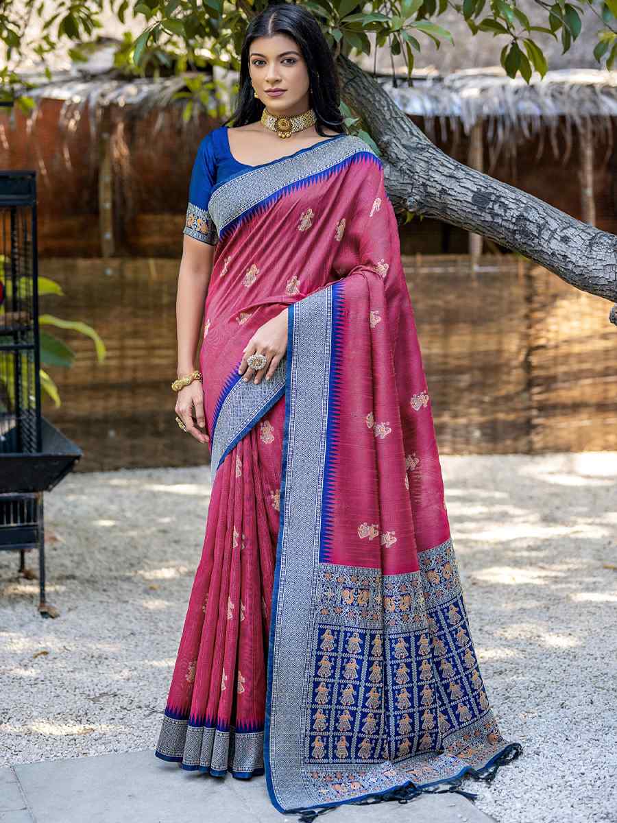 Pink Tussar Silk Handwoven Wedding Festival Heavy Border Saree