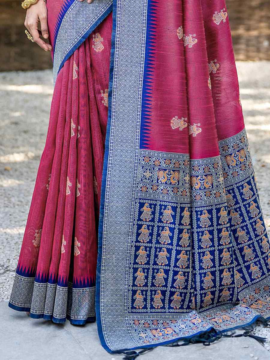 Pink Tussar Silk Handwoven Wedding Festival Heavy Border Saree