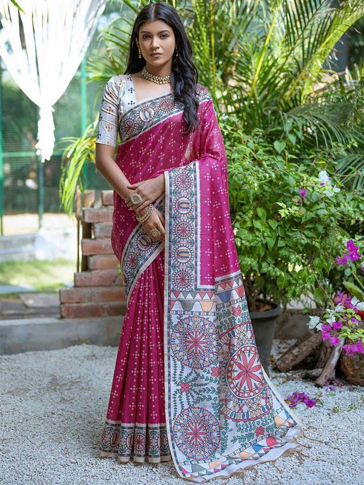 Pink Tussar Silk Printed Casual Festival Contemporary Saree