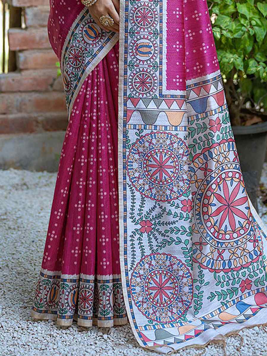 Pink Tussar Silk Printed Casual Festival Contemporary Saree