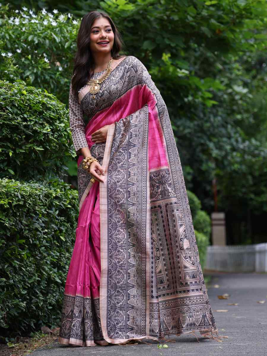 Pink Tussar silk Printed Festival Casual Classic Style Saree