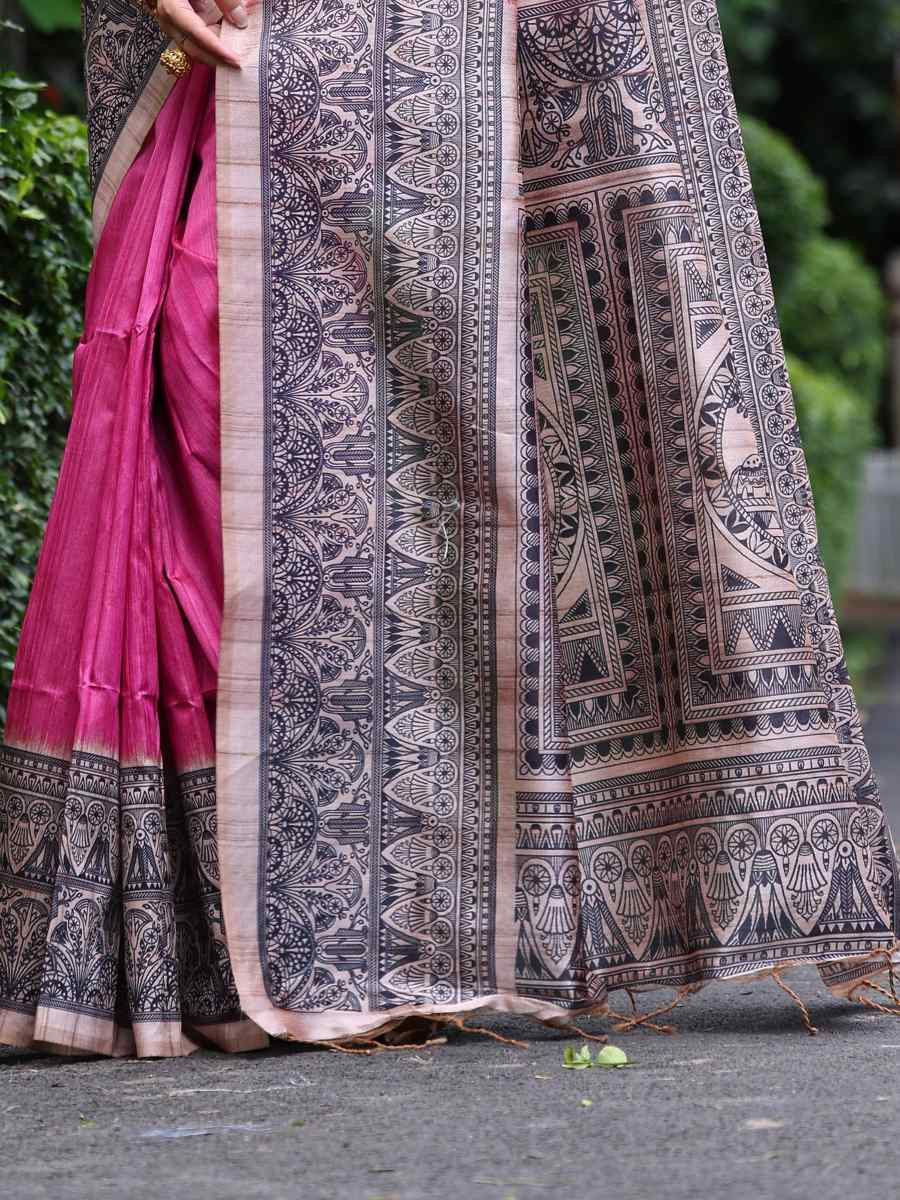 Pink Tussar silk Printed Festival Casual Classic Style Saree