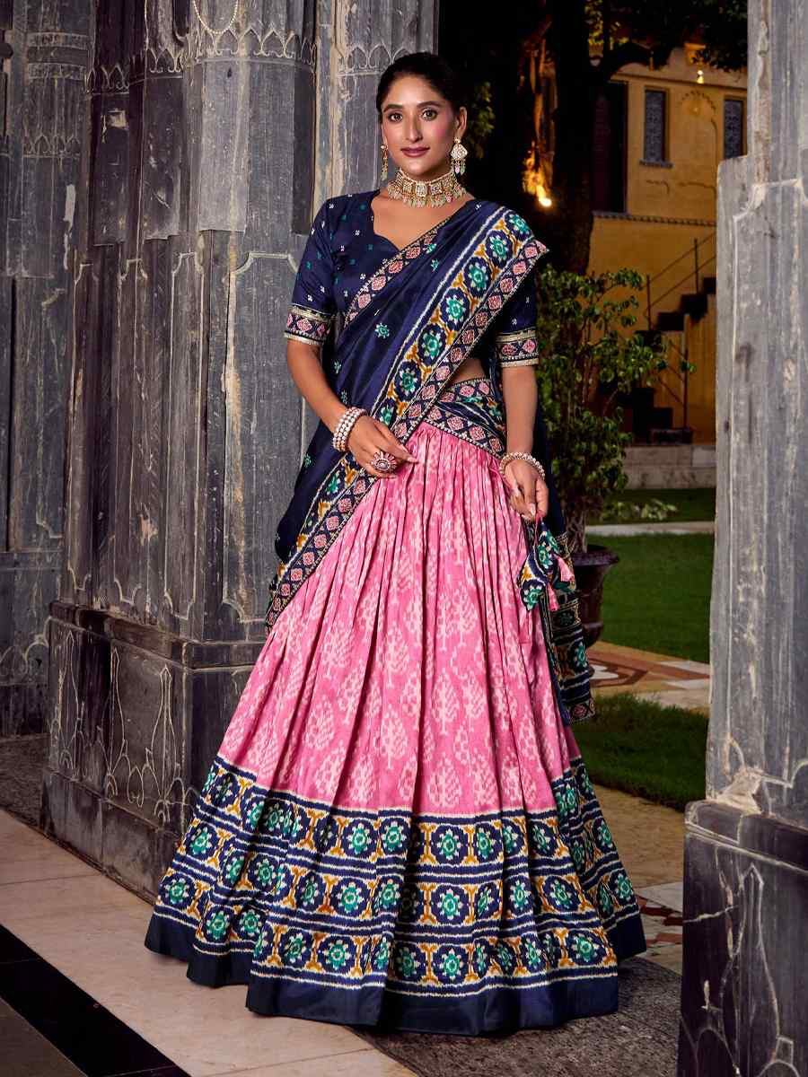 Pink Tussar Silk Printed Festival Traditional Lehenga Choli