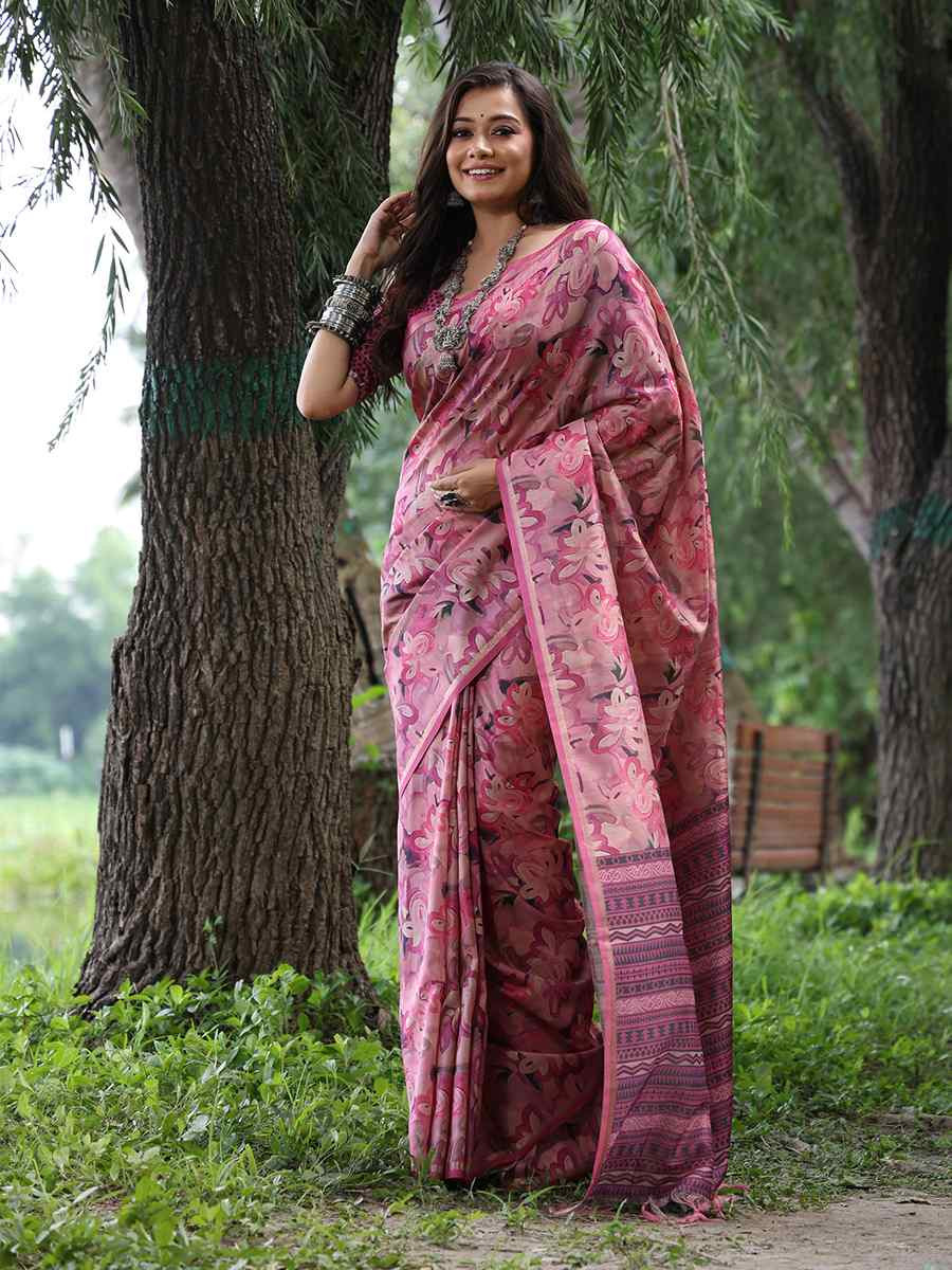 Pink Tussar silk Printed Festival Wedding Classic Style Saree