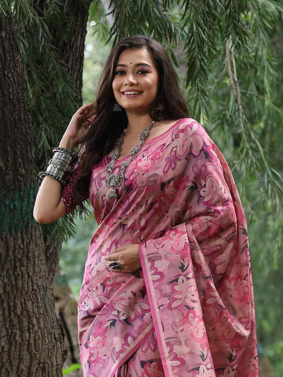 Pink Tussar silk Printed Festival Wedding Classic Style Saree