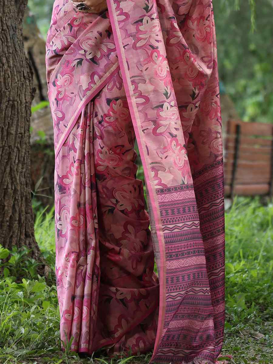 Pink Tussar silk Printed Festival Wedding Classic Style Saree