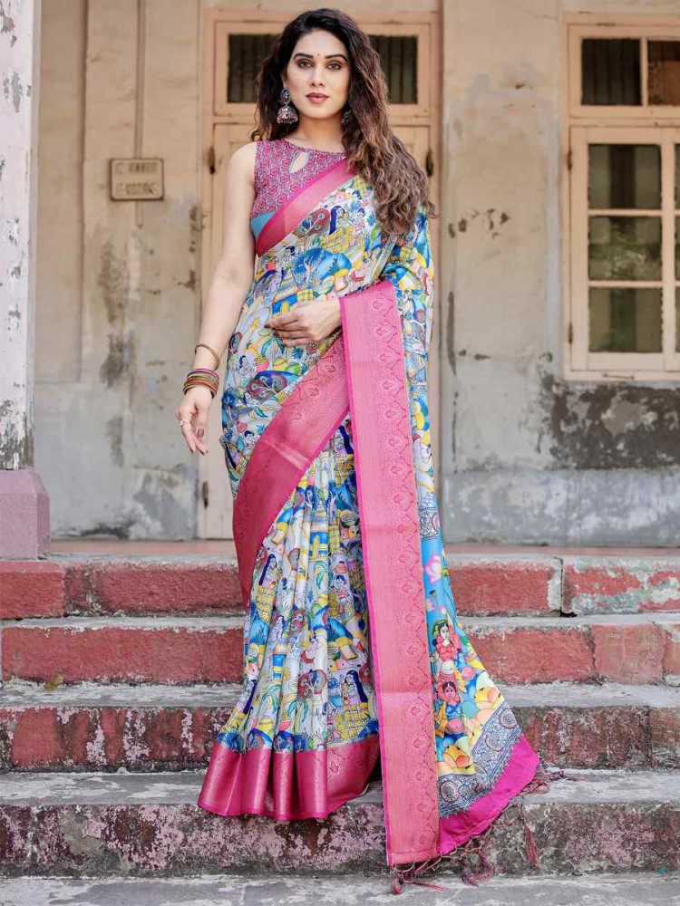 Image of Pink Tussar Silk Zari Handwoven Printed Casual Reception Festival Wedding Fancy Heavy Border Saree