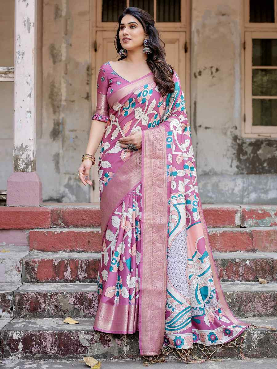 Pink Tussar Silk Zari Handwoven Printed Casual Reception Festival Wedding Fancy Heavy Border Saree