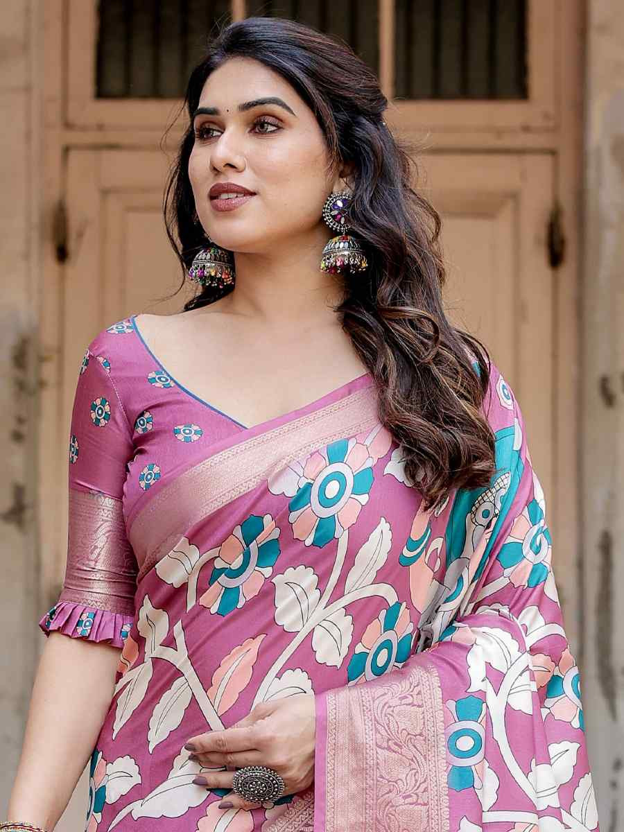 Pink Tussar Silk Zari Handwoven Printed Casual Reception Festival Wedding Fancy Heavy Border Saree