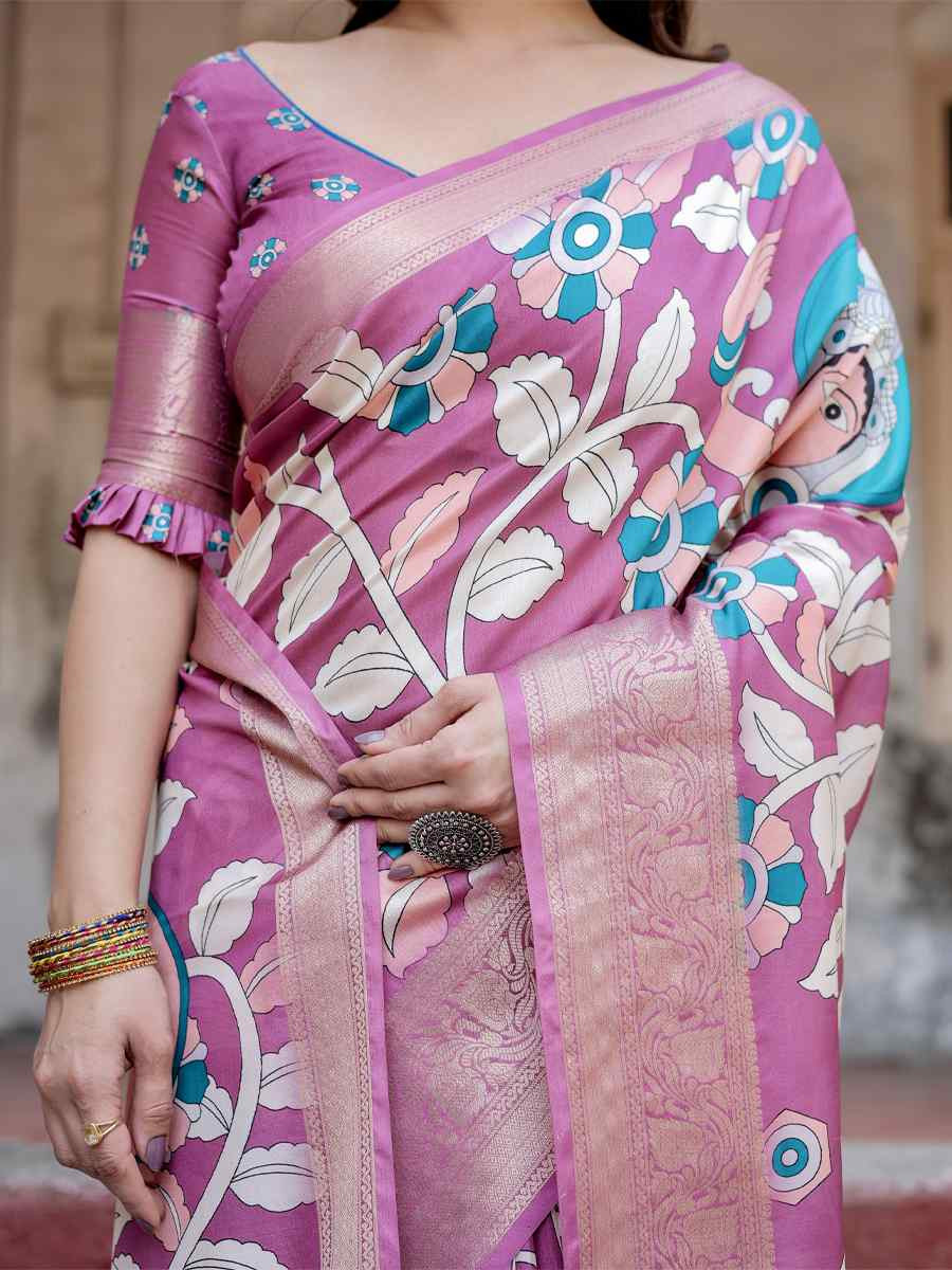 Pink Tussar Silk Zari Handwoven Printed Casual Reception Festival Wedding Fancy Heavy Border Saree