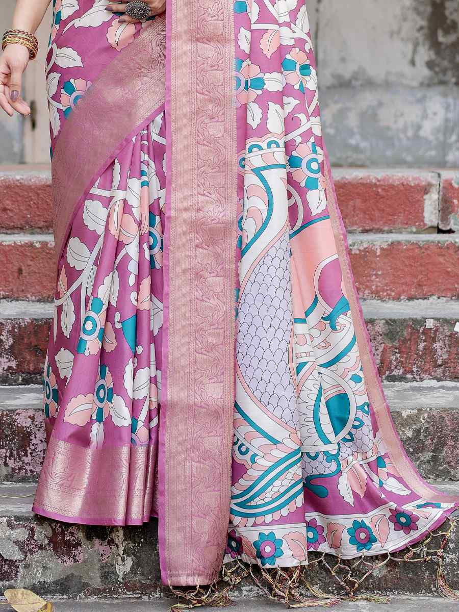 Pink Tussar Silk Zari Handwoven Printed Casual Reception Festival Wedding Fancy Heavy Border Saree