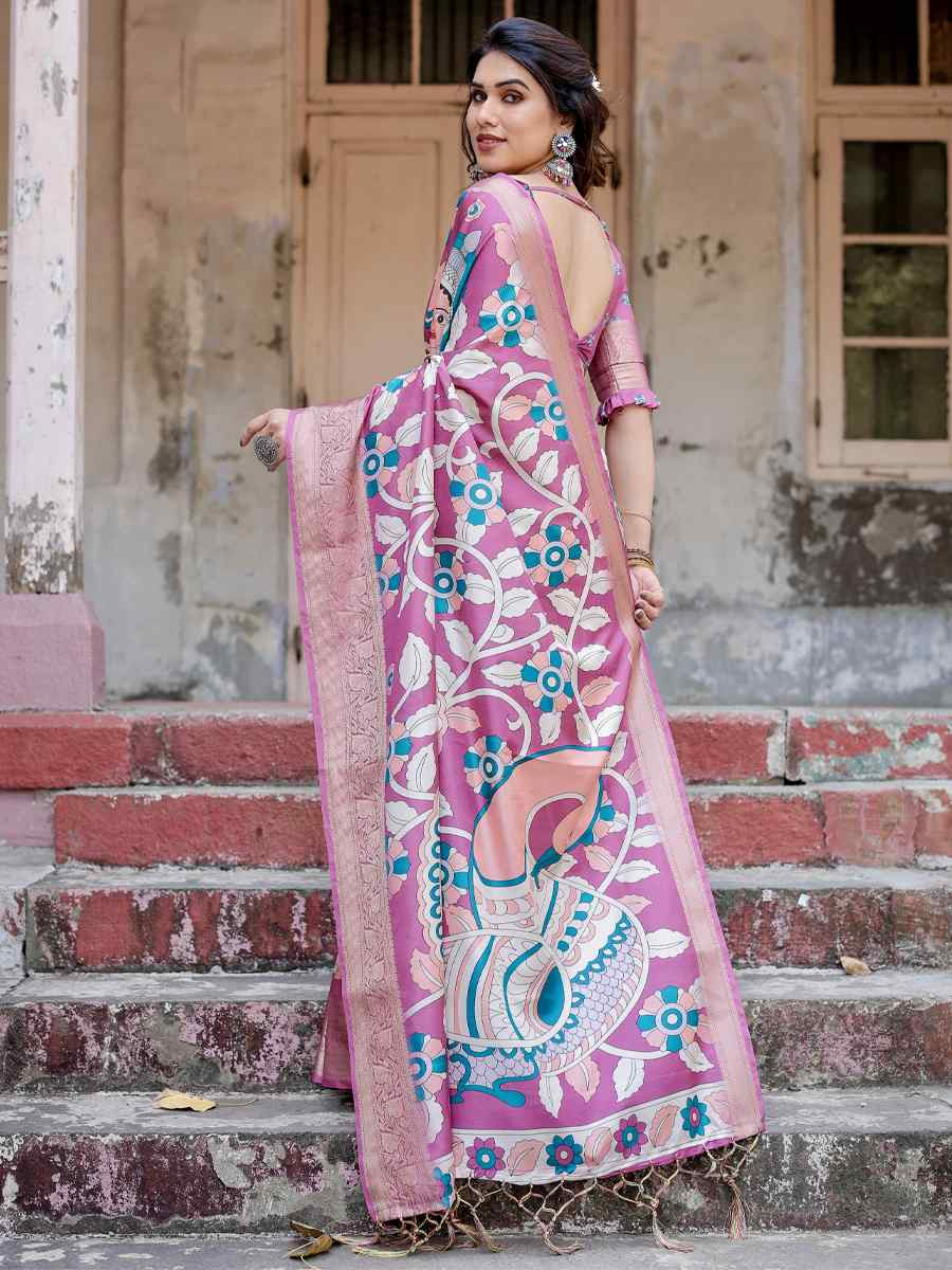 Pink Tussar Silk Zari Handwoven Printed Casual Reception Festival Wedding Fancy Heavy Border Saree