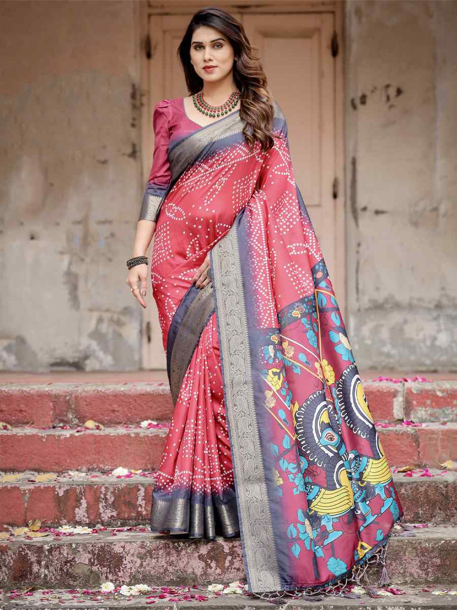 Pink Tussar Silk Zari Handwoven Printed Casual Reception Festival Wedding Fancy Heavy Border Saree