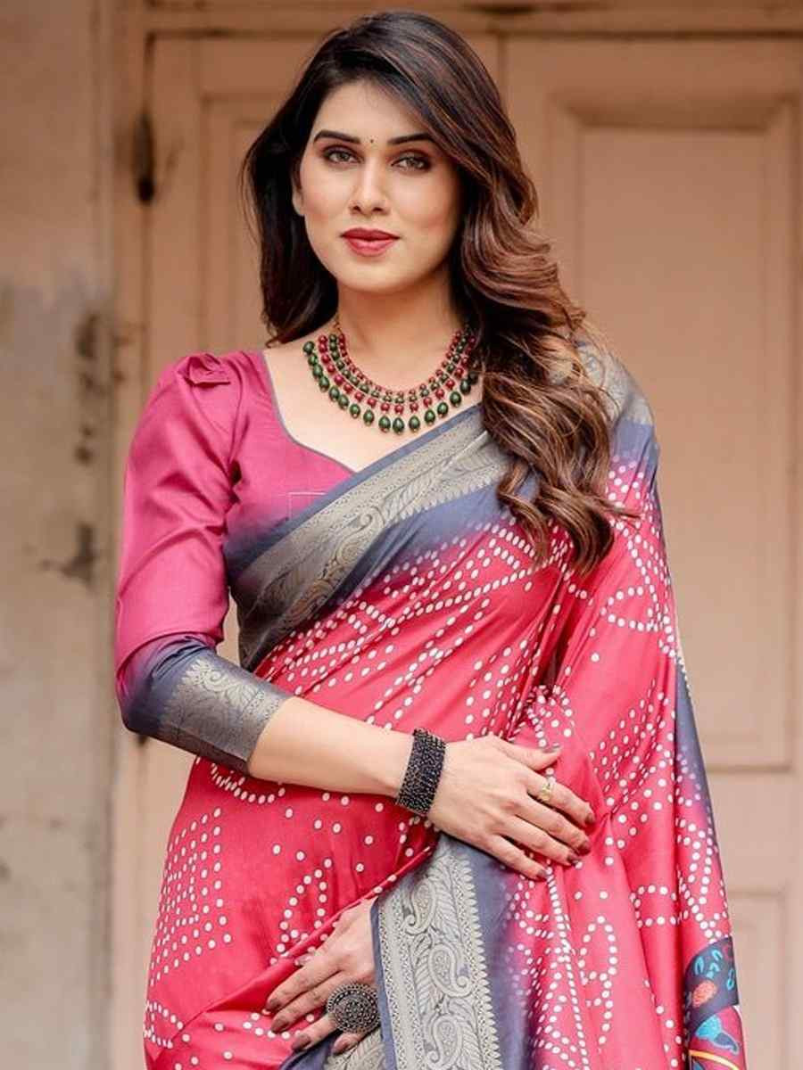 Pink Tussar Silk Zari Handwoven Printed Casual Reception Festival Wedding Fancy Heavy Border Saree