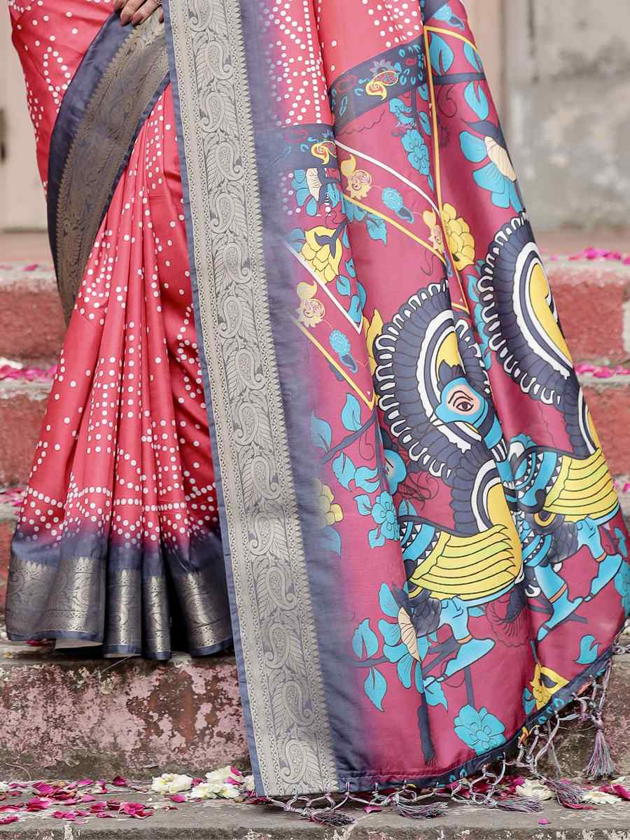 Pink Tussar Silk Zari Handwoven Printed Casual Reception Festival Wedding Fancy Heavy Border Saree