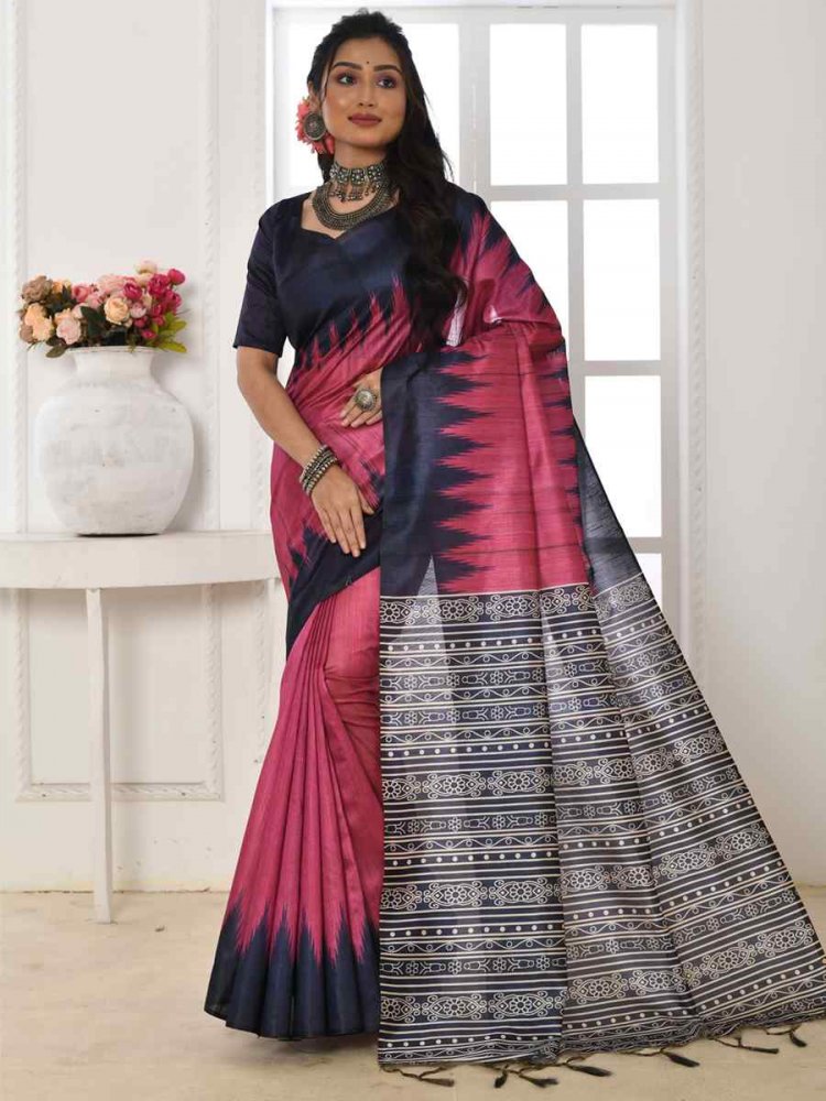 Pink Tusser Silk Printed Reception Party Classic Style Saree