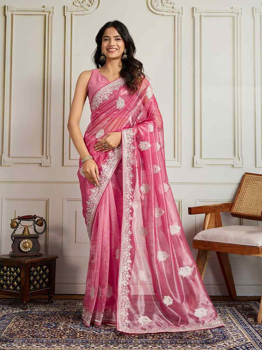 Pink Twill Net Embroidery Traditional Bridal Reception Festival Wedding Fancy Heavy Border Saree