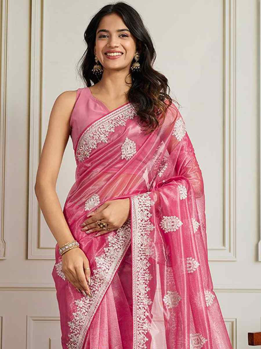 Pink Twill Net Embroidery Traditional Bridal Reception Festival Wedding Fancy Heavy Border Saree