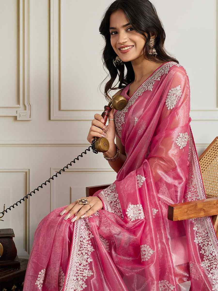 Pink Twill Net Embroidery Traditional Bridal Reception Festival Wedding Fancy Heavy Border Saree