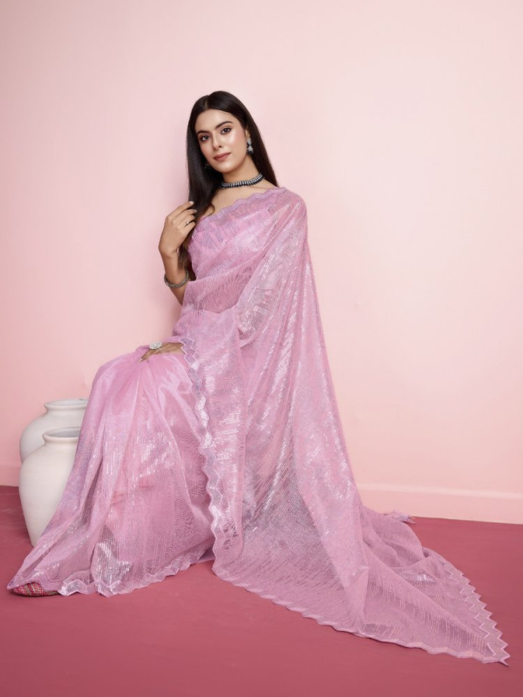 Pink Twill Net Sequins Cocktail Party Classic Style Saree