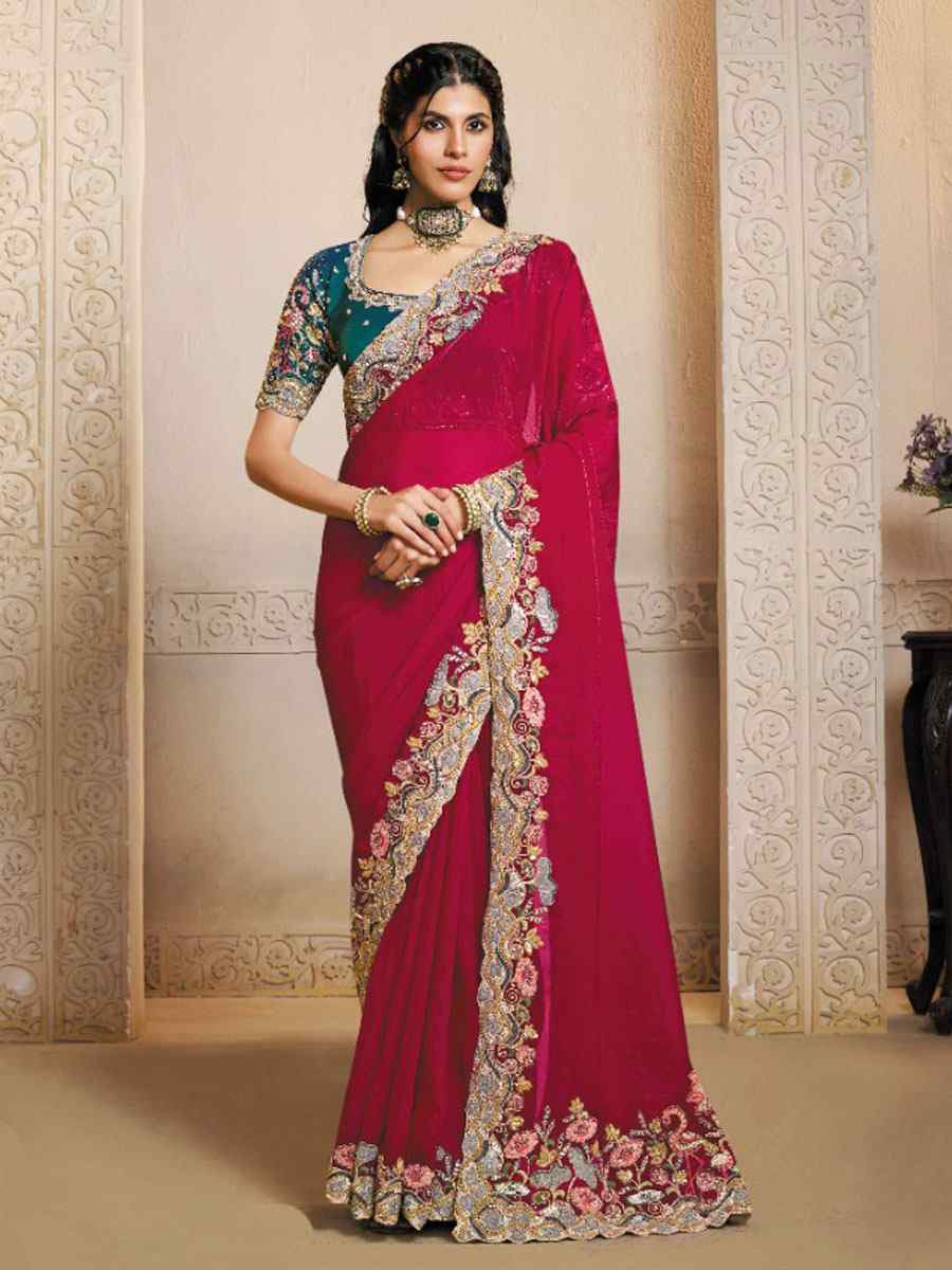 Pink Two Tone Satin Silk Embroidery Festival Wedding Fancy Heavy Border Saree