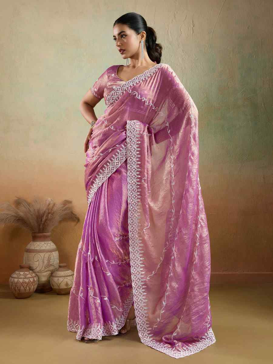Pink Velvet Chiffon Embroidery Traditional Bridal Reception Festival Wedding Fancy Heavy Border Saree