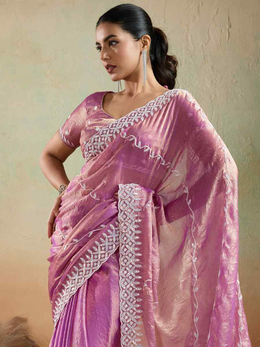 Pink Velvet Chiffon Embroidery Traditional Bridal Reception Festival Wedding Fancy Heavy Border Saree