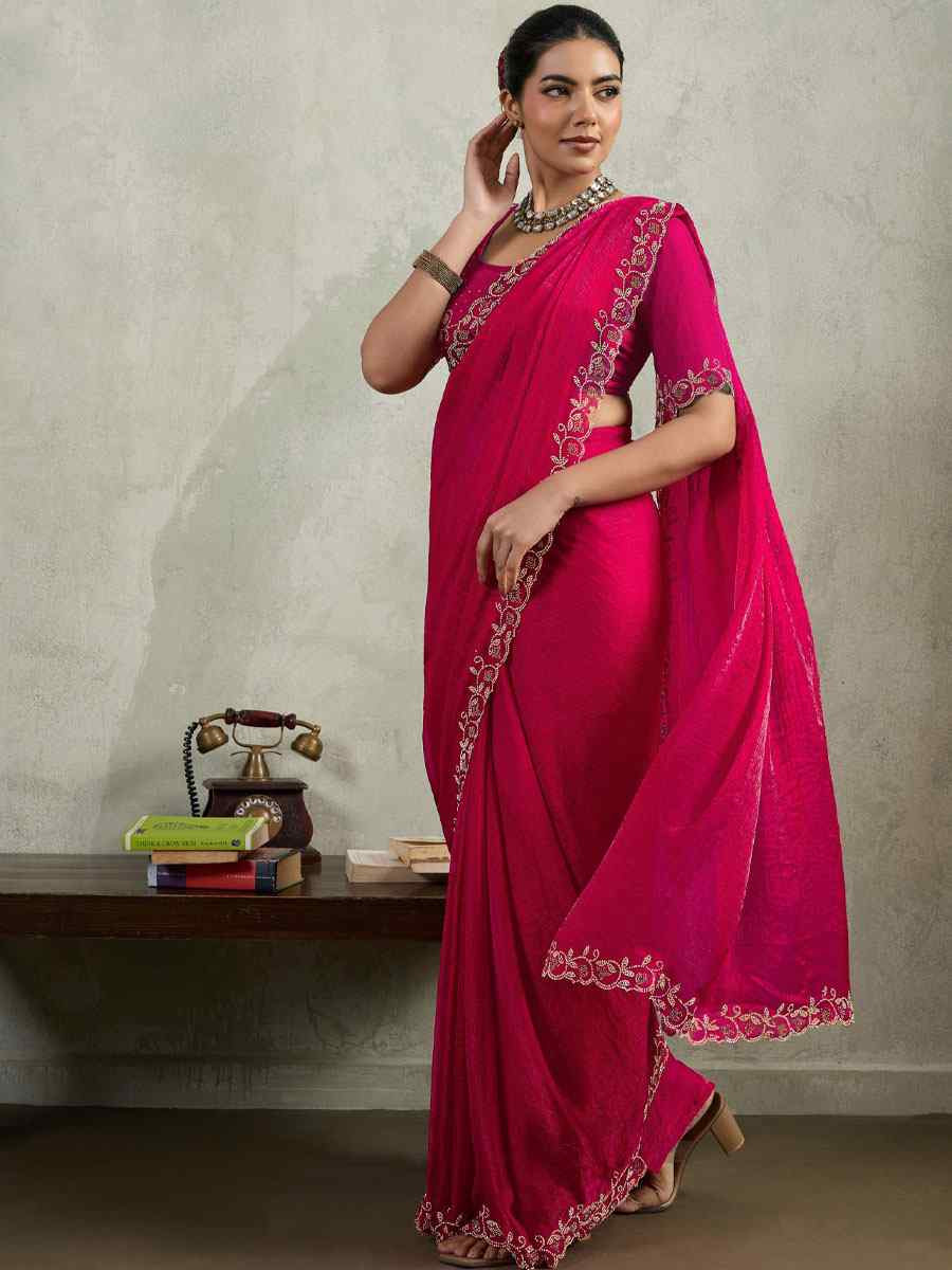 Pink Velvet Chiffon Embroidery Traditional Casual Reception Festival Wedding Fancy Heavy Border Saree