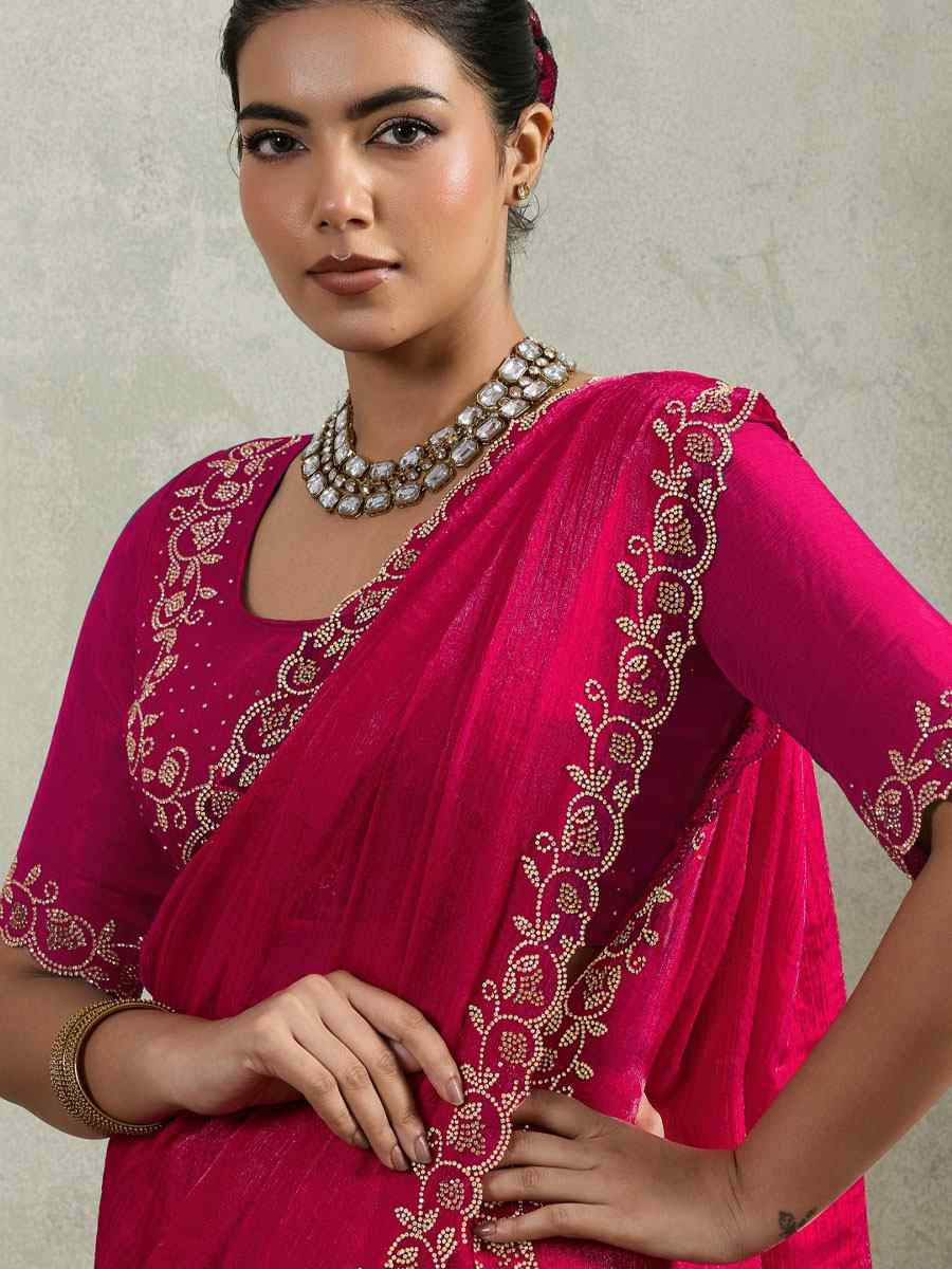 Pink Velvet Chiffon Embroidery Traditional Casual Reception Festival Wedding Fancy Heavy Border Saree