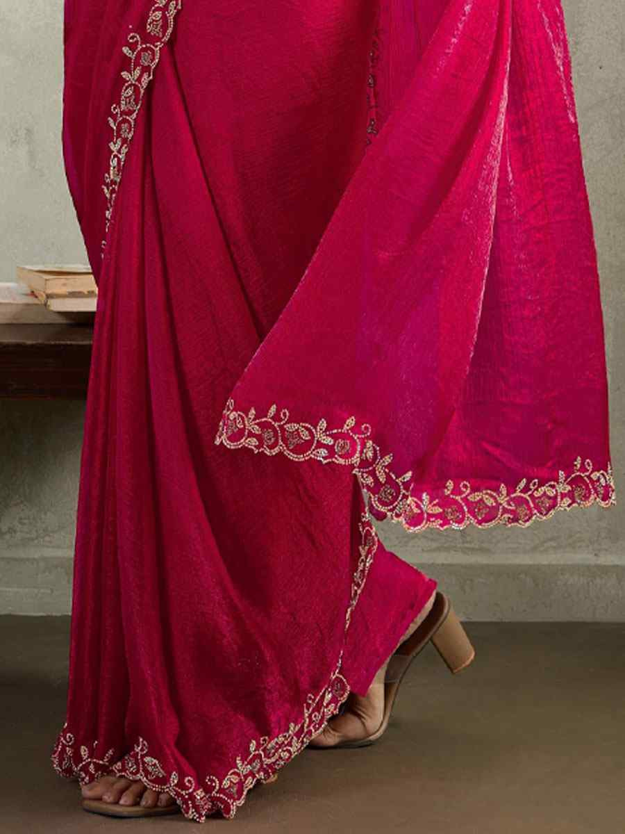 Pink Velvet Chiffon Embroidery Traditional Casual Reception Festival Wedding Fancy Heavy Border Saree