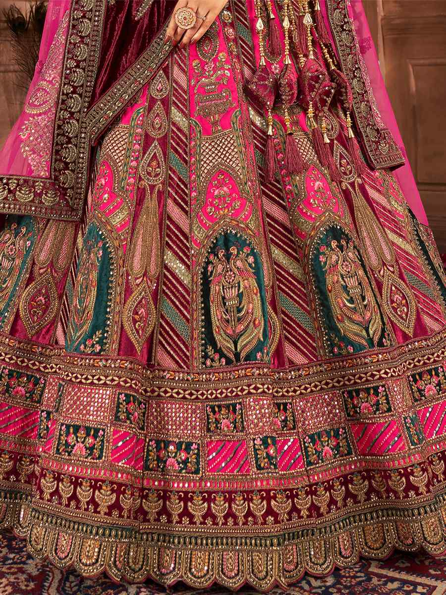 Pink Velvet Embroidered Bridal Wedding Heavy Border Lehenga Choli