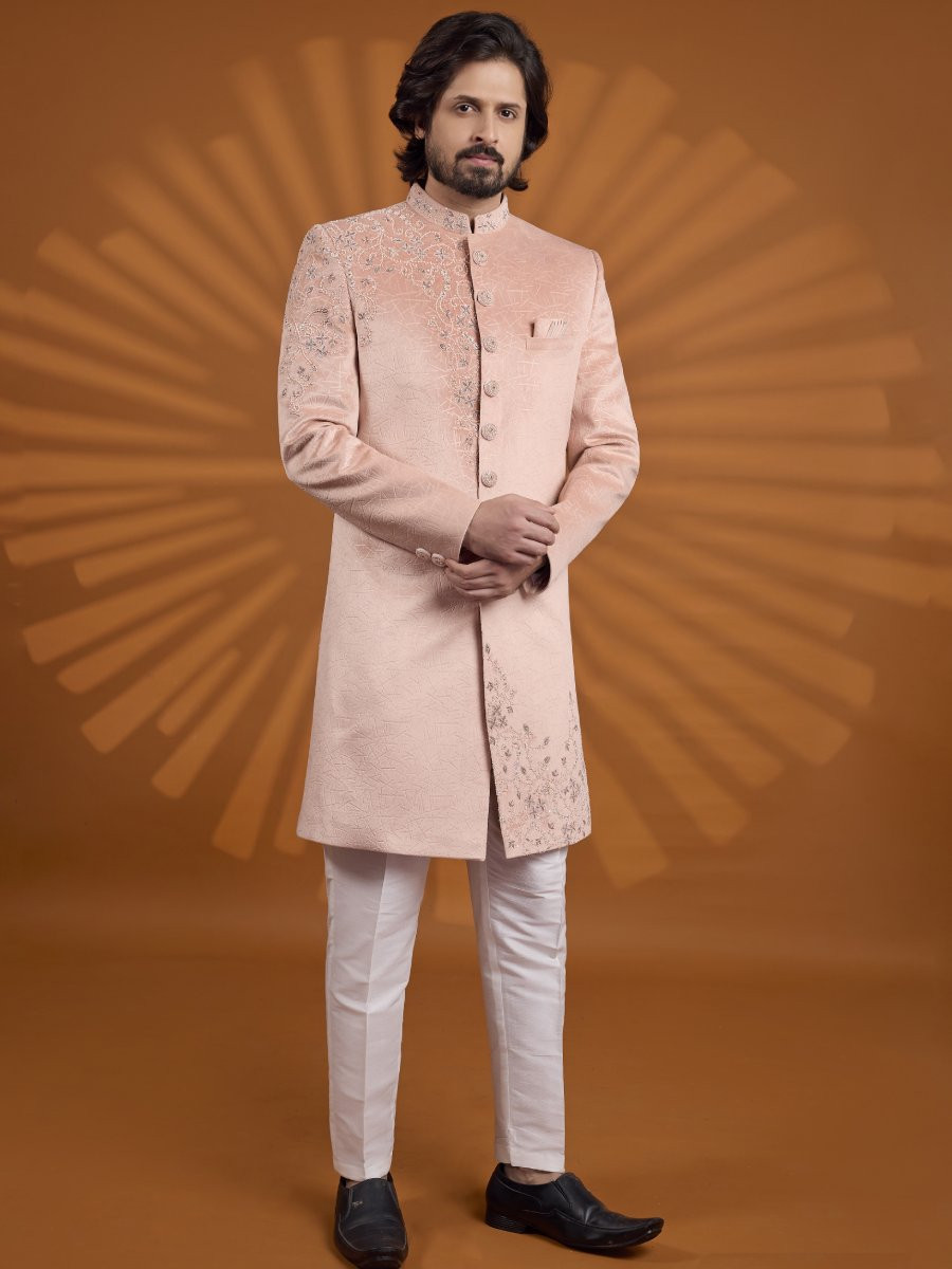 Pink Velvet Embroidered Computer Thread work Wedding Party Festival Groom Sherwani